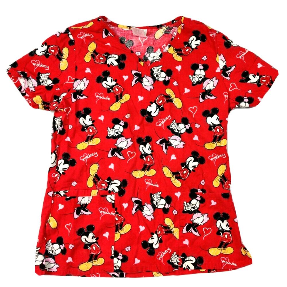 Disney Micky Minnie Mouse Womens Small Red Print Scrub Nurse Top